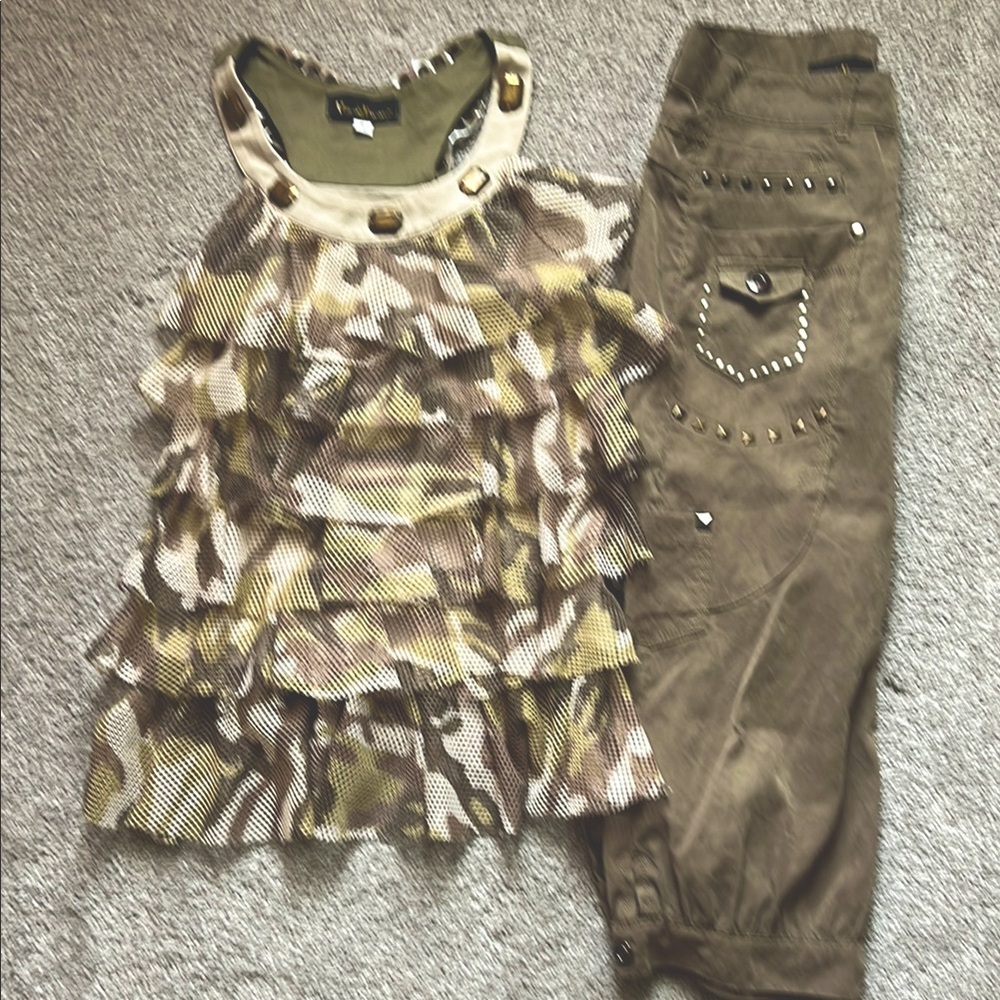 Hannah Banana Olive Green Camo Tiered Mesh Tunic Top + Studded Capri Cargo 8y